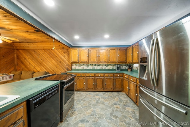 kitchen with ceiling fan and appliances with stainless steel finishes