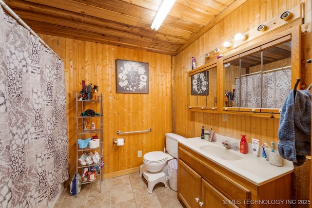 bathroom featuring vanity, toilet, wood ceiling, and wooden walls