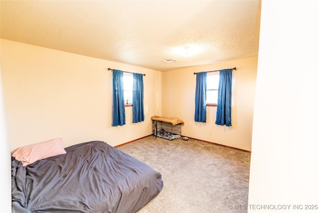 bedroom with carpet floors, a textured ceiling, and multiple windows