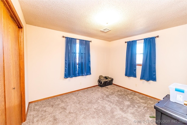 interior space with a textured ceiling, light colored carpet, and a closet