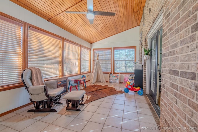 sunroom / solarium featuring ceiling fan, wood ceiling, and vaulted ceiling