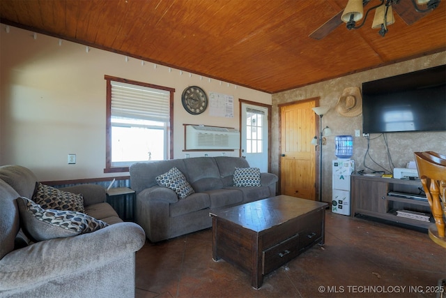 living room with ceiling fan and wooden ceiling