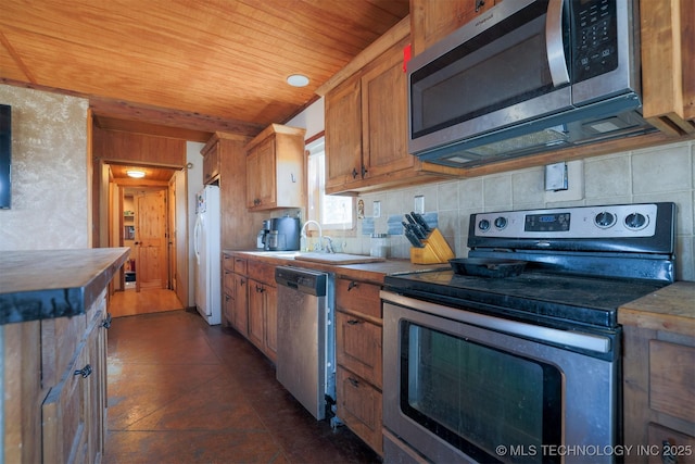 kitchen with sink, backsplash, butcher block countertops, wood ceiling, and stainless steel appliances