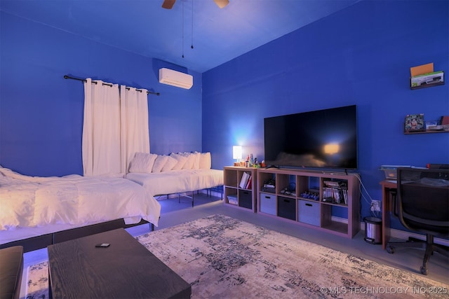 bedroom featuring ceiling fan and a wall mounted AC