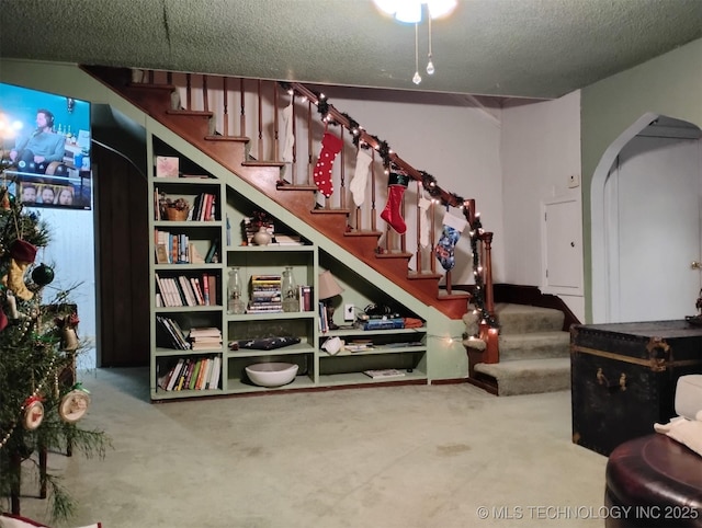 basement featuring carpet floors and a textured ceiling