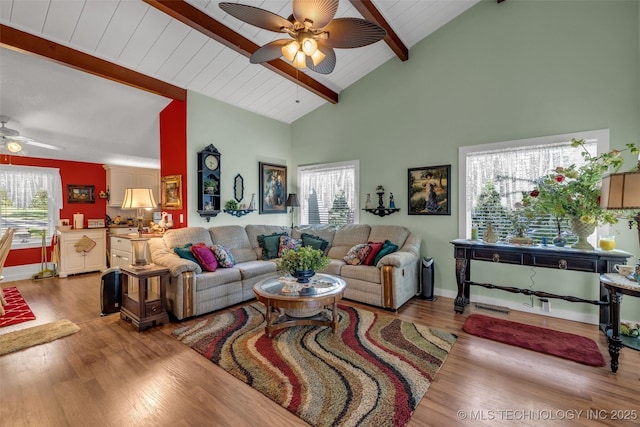 living room featuring beamed ceiling, ceiling fan, hardwood / wood-style floors, and high vaulted ceiling