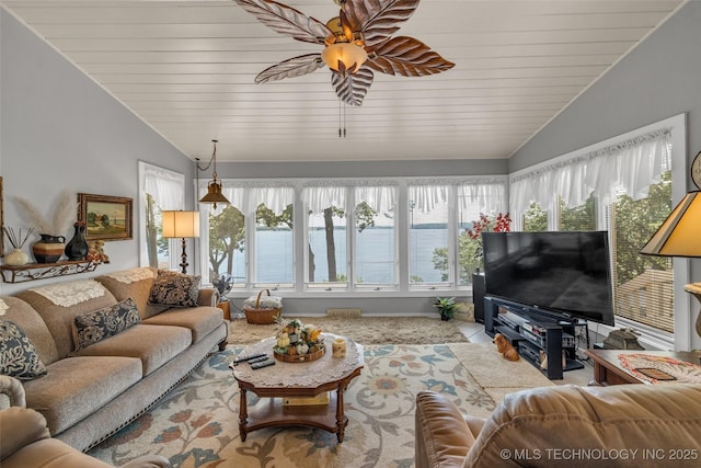 living room with wooden ceiling, ceiling fan, and lofted ceiling