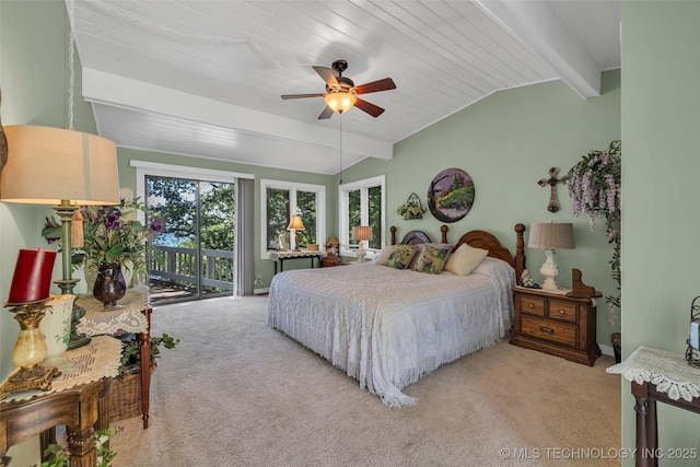 bedroom with access to exterior, ceiling fan, light colored carpet, and lofted ceiling with beams