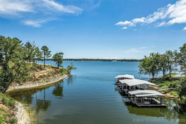 view of dock with a water view