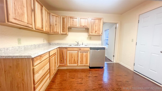 kitchen with stainless steel dishwasher, sink, light brown cabinetry, and dark wood-type flooring