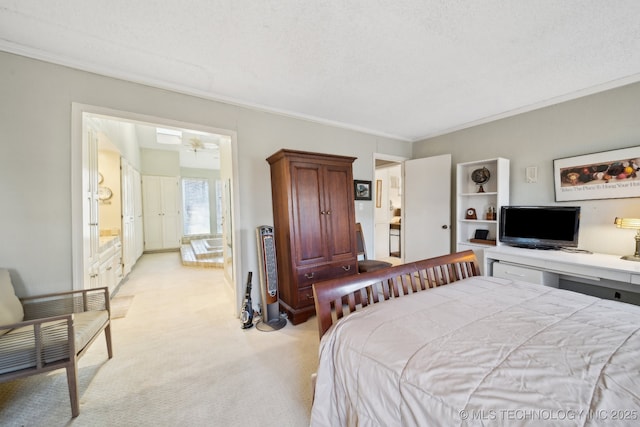 bedroom with light carpet, a textured ceiling, and ornamental molding