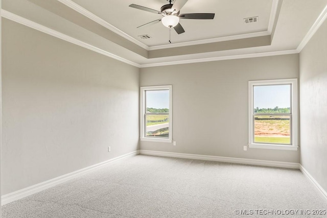 carpeted spare room with ceiling fan, a raised ceiling, and a wealth of natural light