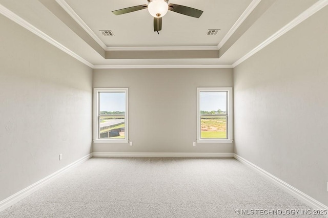 unfurnished room featuring carpet, ceiling fan, and a tray ceiling