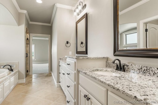 bathroom with separate shower and tub, crown molding, tile patterned floors, and vanity