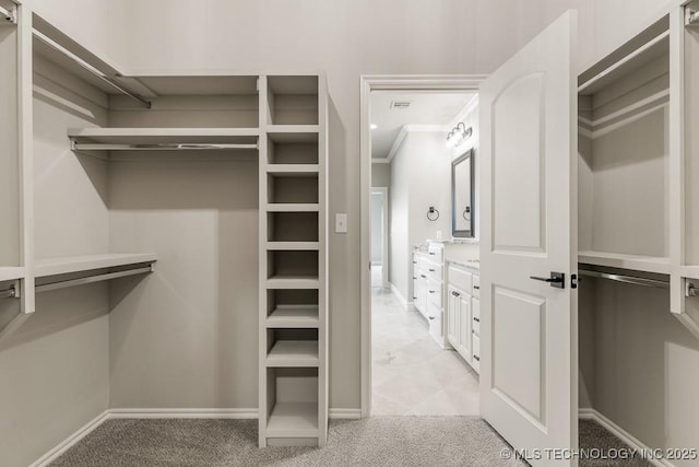 walk in closet with light colored carpet