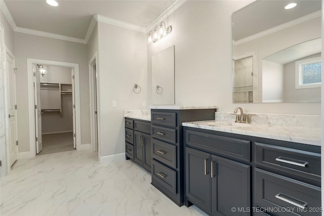 bathroom with vanity and ornamental molding