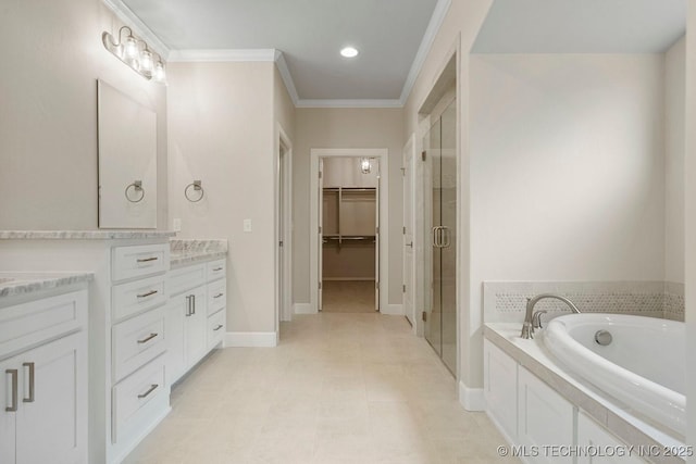 bathroom featuring shower with separate bathtub, vanity, tile patterned floors, and ornamental molding