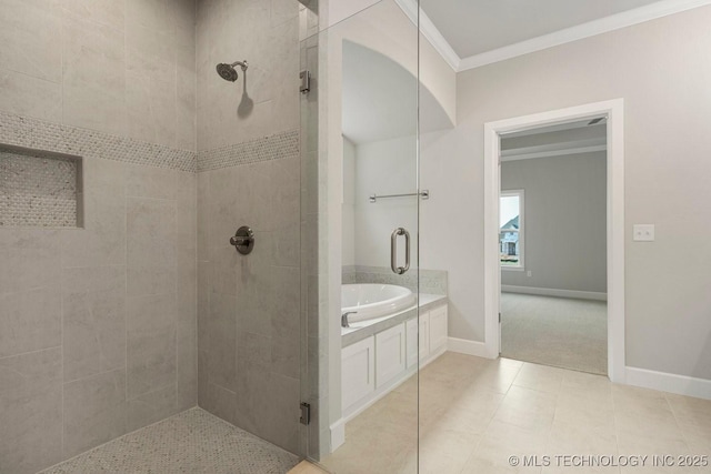 bathroom with tile patterned flooring, separate shower and tub, and crown molding