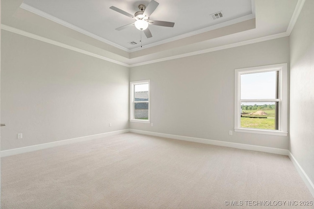 unfurnished room featuring carpet, a raised ceiling, and crown molding