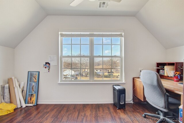 office featuring dark wood-type flooring, ceiling fan, and vaulted ceiling