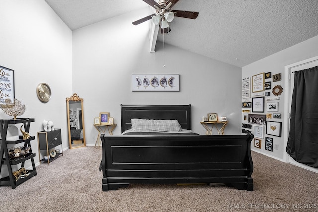 bedroom with carpet, a textured ceiling, vaulted ceiling, and ceiling fan