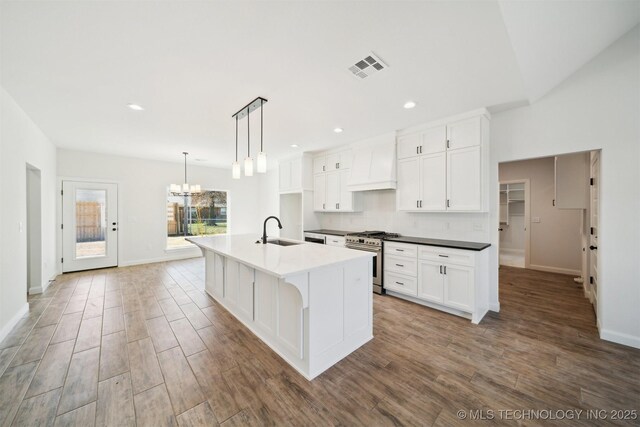 404 W 7th St, Dewey, OK 74029 - kitchen featuring tasteful backsplash, custom exhaust hood, white cabinets, high end stainless steel range, and a sink