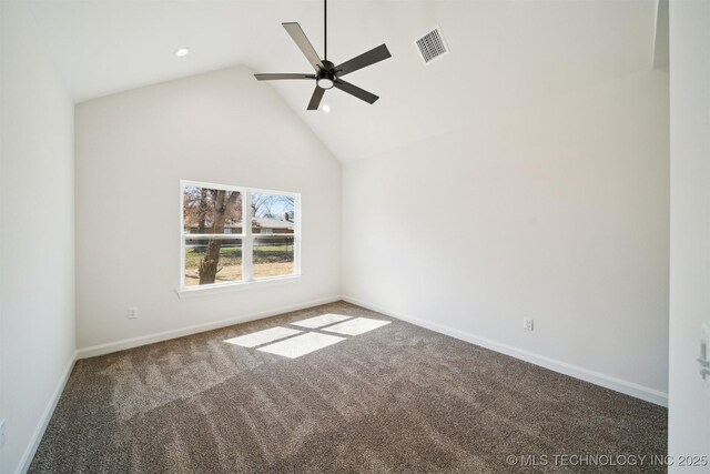404 W 7th St, Dewey, OK 74029 - carpeted empty room featuring high vaulted ceiling, baseboards, visible vents, and ceiling fan