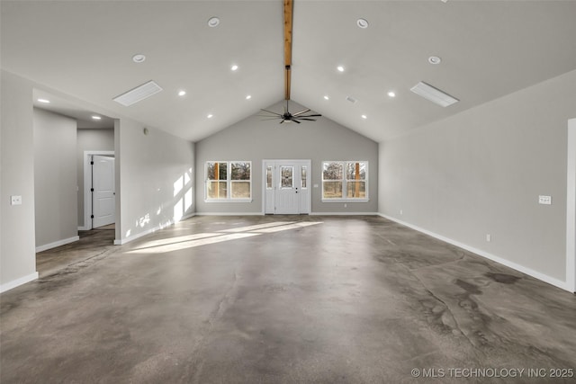 unfurnished living room with beam ceiling, ceiling fan, and high vaulted ceiling