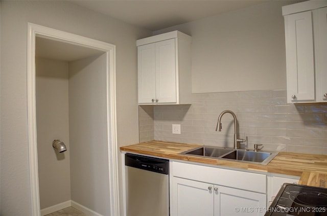 kitchen featuring wooden counters, decorative backsplash, sink, dishwasher, and white cabinetry