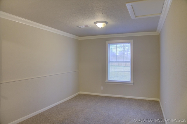 carpeted empty room featuring a textured ceiling and crown molding