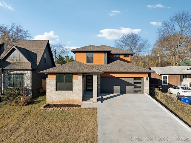 514 W Dallas St, Broken Arrow, OK 74012 - view of front facade with a shingled roof, an attached garage, concrete driveway, and stone siding