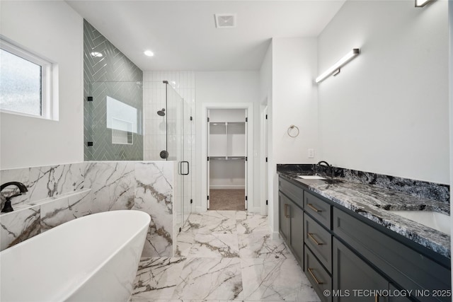 bathroom featuring vanity and shower with separate bathtub