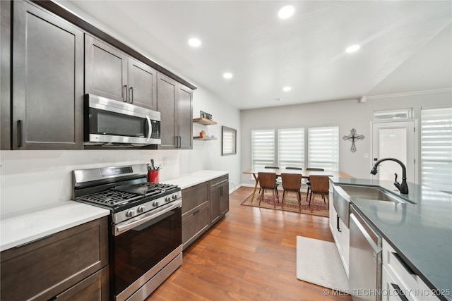 kitchen with sink, dark hardwood / wood-style flooring, dark brown cabinetry, and stainless steel appliances