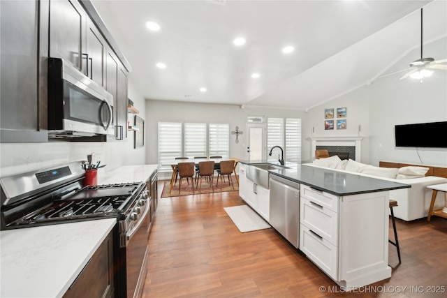 kitchen featuring ceiling fan, sink, vaulted ceiling, a breakfast bar area, and appliances with stainless steel finishes