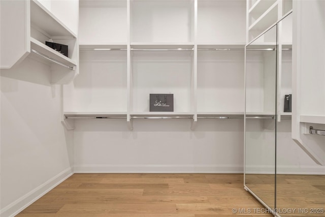 spacious closet featuring wood-type flooring and elevator