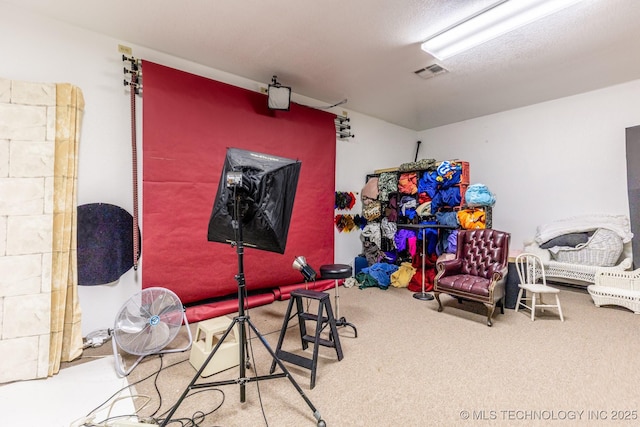 game room featuring carpet and a textured ceiling