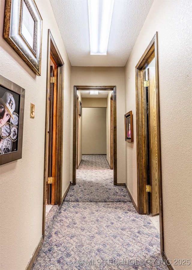 hall with carpet flooring and a textured ceiling