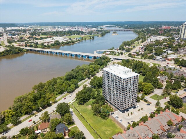 drone / aerial view with a water view