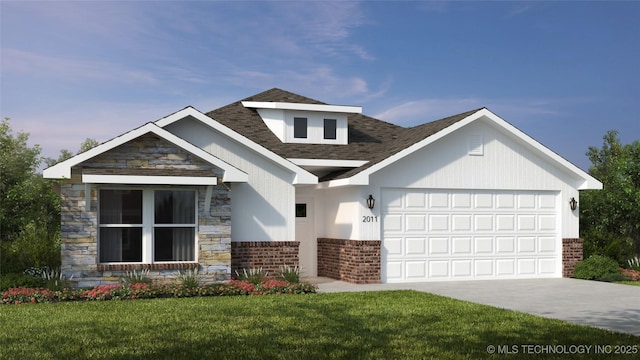 view of front facade with a garage, a front yard, brick siding, and driveway