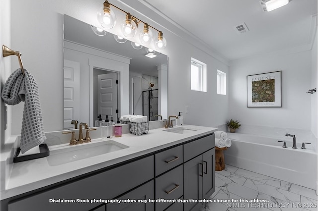 full bathroom with a bath, marble finish floor, a sink, and a stall shower