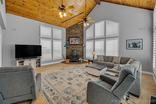 living room with a wood stove, beamed ceiling, high vaulted ceiling, and wood ceiling