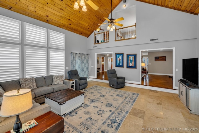 living room with ceiling fan, wood ceiling, and high vaulted ceiling