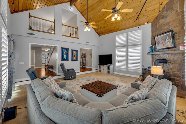 living room with ceiling fan, high vaulted ceiling, and wooden ceiling