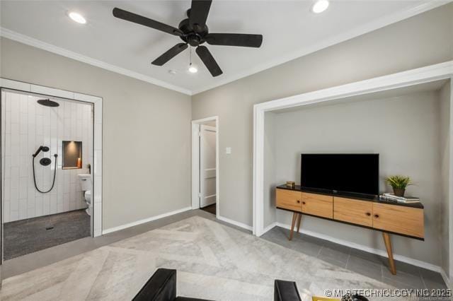 living room with ceiling fan and crown molding