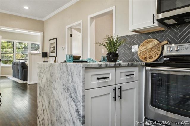 kitchen with white cabinetry, dark hardwood / wood-style floors, stainless steel electric stove, decorative backsplash, and ornamental molding