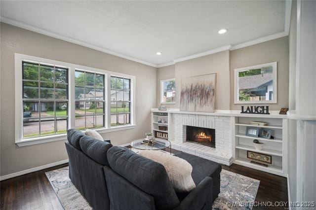 living room with a fireplace, dark hardwood / wood-style floors, and ornamental molding