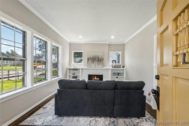 living room with a fireplace, wood-type flooring, a wealth of natural light, and crown molding