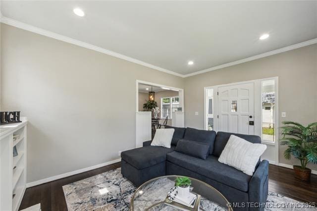 living room with dark hardwood / wood-style floors and ornamental molding