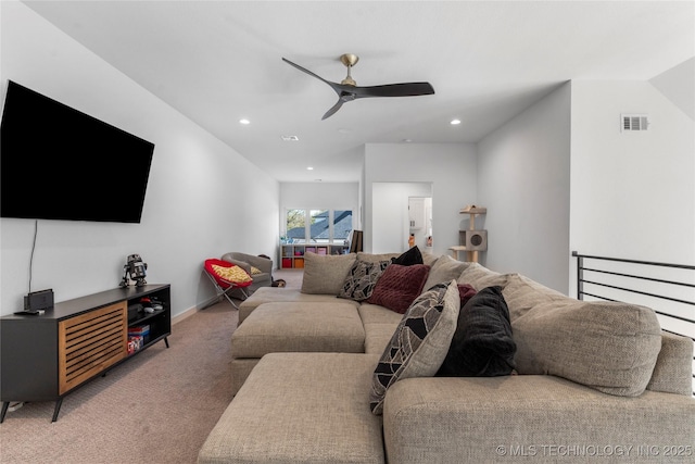 living area with ceiling fan, recessed lighting, visible vents, baseboards, and carpet