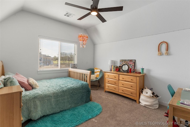 bedroom featuring ceiling fan, carpet floors, and vaulted ceiling